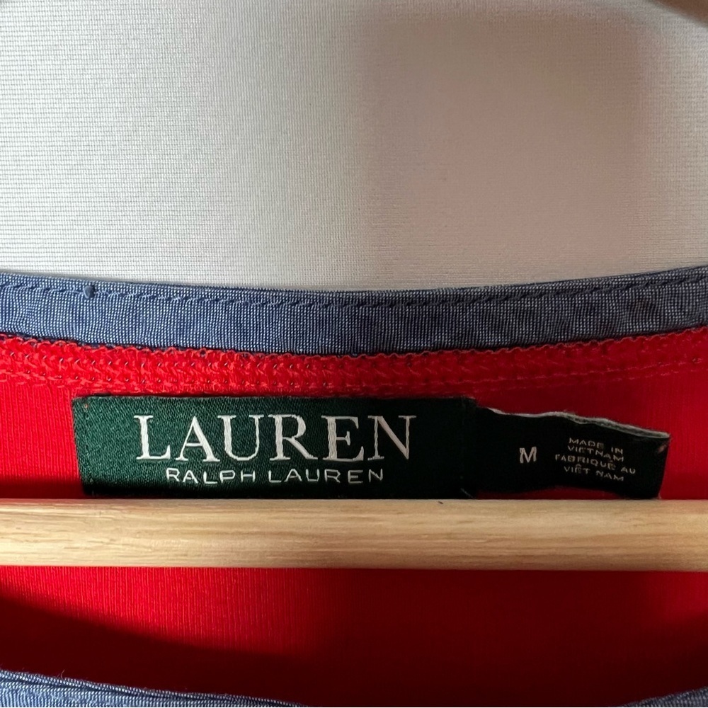 Lauren Ralph Lauren 90s Y2K Chambray Trim Zip Shoulder Short Sleeve Top Red Med - Picture 6 of 7